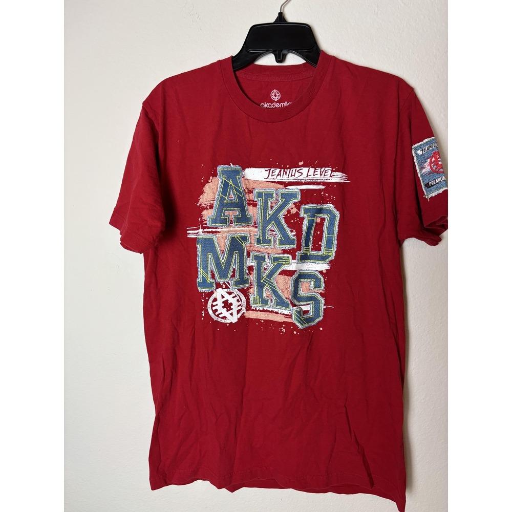 Akademiks Shirt Mens Large Red Graphic Tee‎ Jeanius Level Patch Streetwear